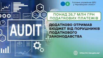Понад 26,7 мільйонів гривень податкових платежів додатково отримав бюджет від порушників податкового законодавства