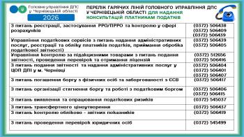 Перелік гарячих ліній Головного управління ДПС у Чернівецькій області для надання консультацій платникам податків