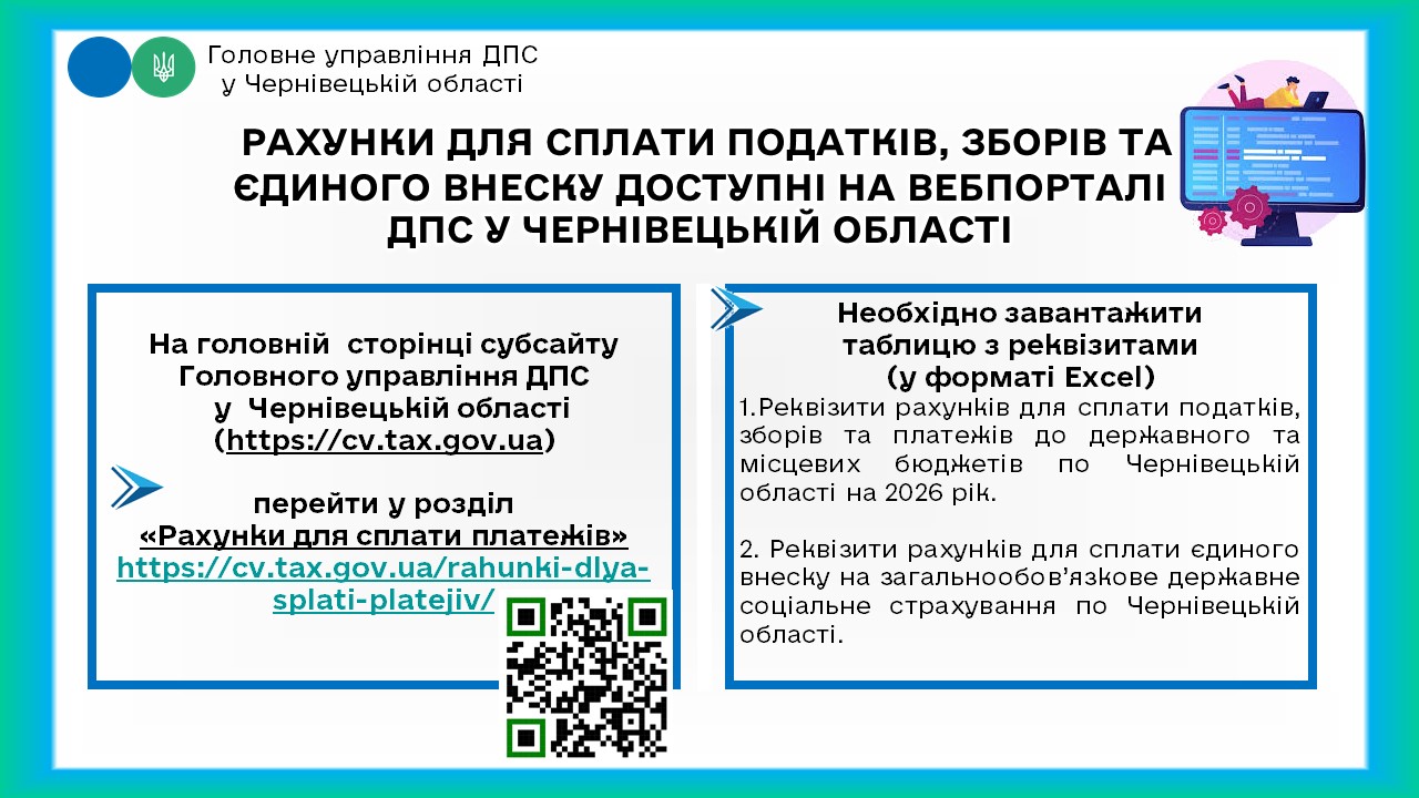 Реквізити рахунків для сплати податків, зборів, єдиного внеску та інших платежів до бюджету розміщено на вебпорталі ГУ ДПС у Чернівецькій області