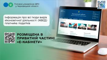 Інформація про всі коди видів економічної діяльності (КВЕД) платника податків розміщена в приватній частині «Е-кабінету»