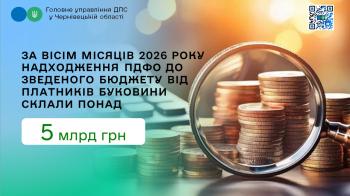 За вісім місяців 2026 року надходження ПДФО до зведеного бюджету від платників Буковини склали понад 5 млрд грн